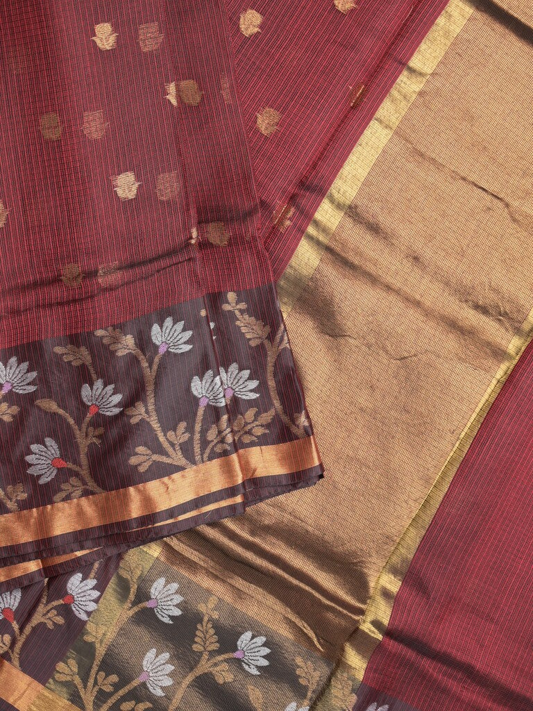Pure silk kota fancy saree dark maroon color allover zari motifs & zari border with short zari pallu and attached plain blouse