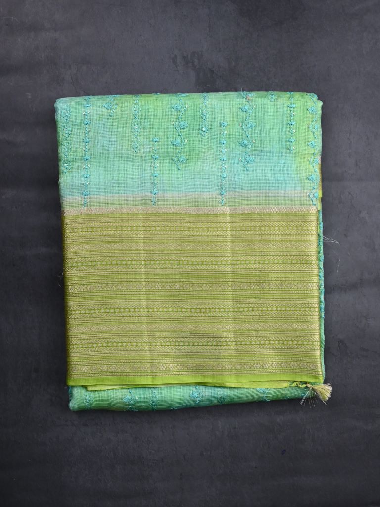 Pure silk kota fancy saree lux green color allover embroidery design & zari border with short pallu and attached plain blouse
