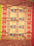 Banaras fancy saree parrot green color allover zari motifs & zari border with paithani pallu and contrast plain blouse