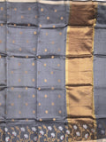 Pure silk kota fancy saree grey color allover zari motifs & zari border with short zari pallu and attached plain blouse
