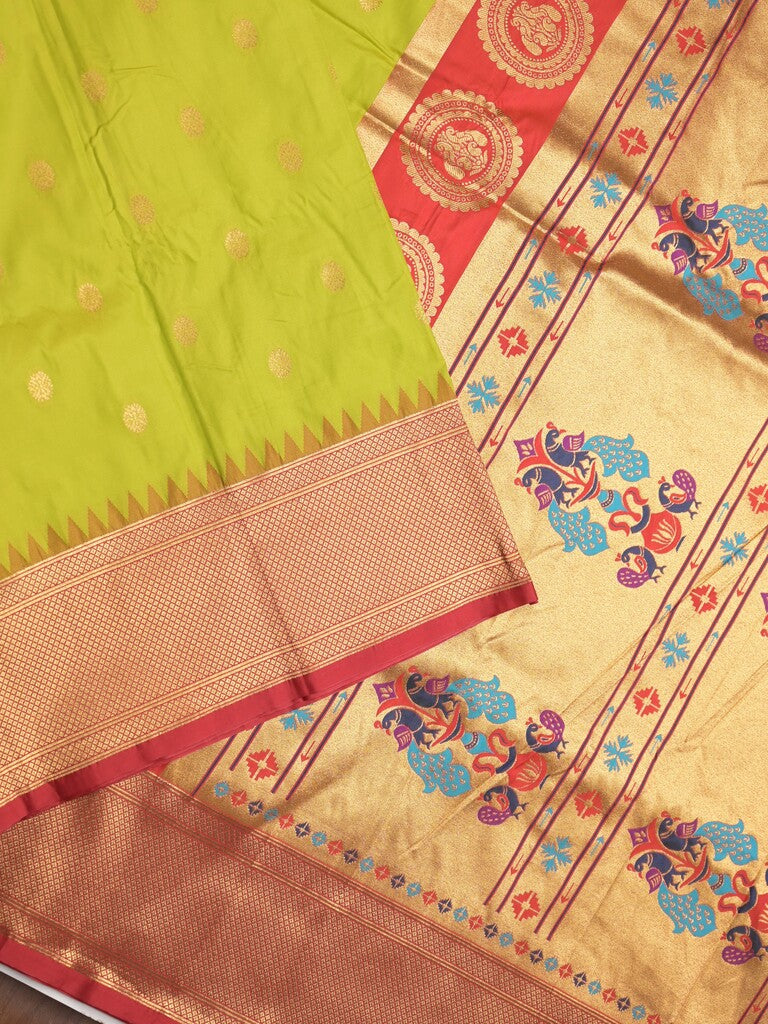 Banaras fancy saree parrot green color allover zari motifs & zari border with paithani pallu and contrast plain blouse