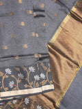 Pure silk kota fancy saree grey color allover zari motifs & zari border with short zari pallu and attached plain blouse