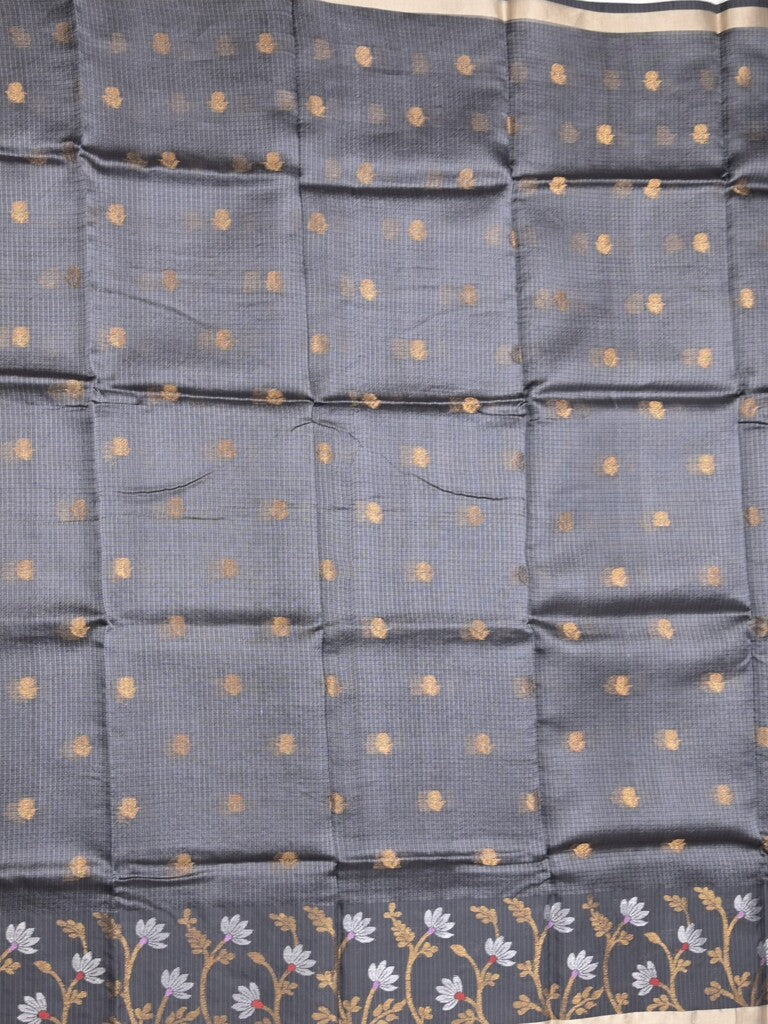 Pure silk kota fancy saree grey color allover zari motifs & zari border with short zari pallu and attached plain blouse