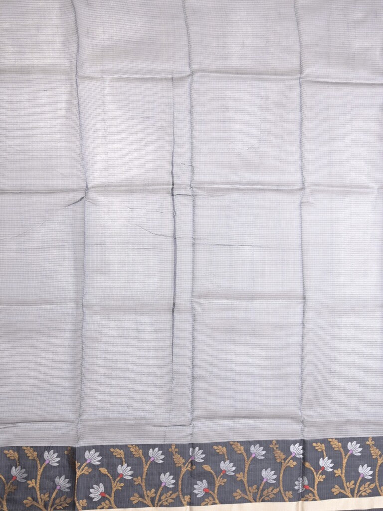 Pure silk kota fancy saree grey color allover zari motifs & zari border with short zari pallu and attached plain blouse