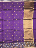 Pure silk kota fancy saree violet color allover zari motifs & zari border with short zari pallu and attached plain blouse