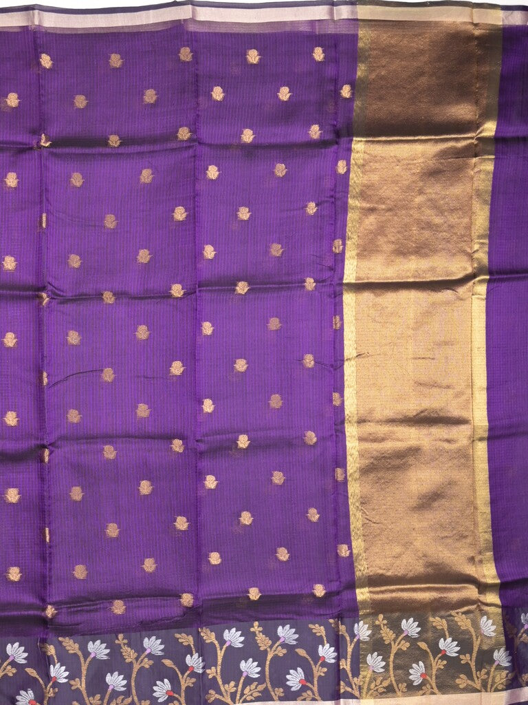 Pure silk kota fancy saree violet color allover zari motifs & zari border with short zari pallu and attached plain blouse
