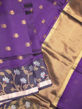 Pure silk kota fancy saree violet color allover zari motifs & zari border with short zari pallu and attached plain blouse