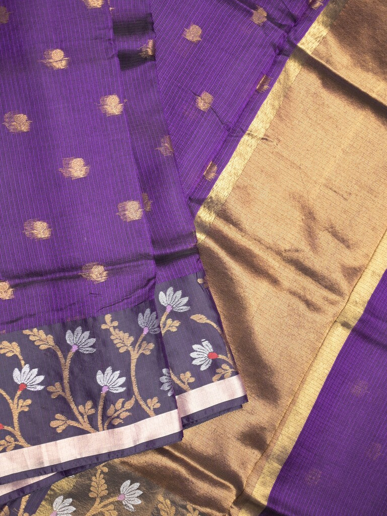 Pure silk kota fancy saree violet color allover zari motifs & zari border with short zari pallu and attached plain blouse