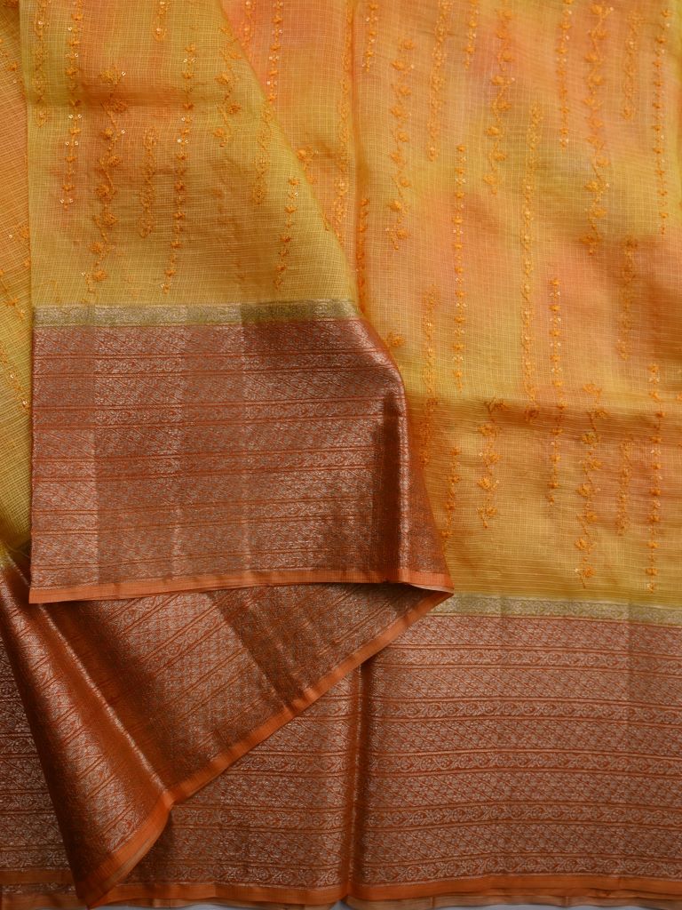 Pure silk kota fancy saree golden yellow color allover embroidery design & zari border with short pallu and attached plain blouse