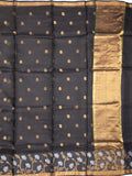 Pure silk kota fancy saree black color allover zari motifs & zari border with short zari pallu and attached plain blouse
