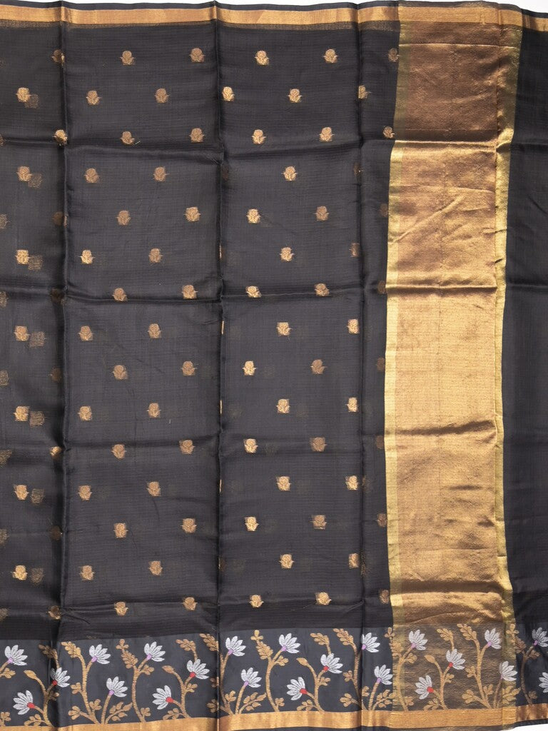 Pure silk kota fancy saree black color allover zari motifs & zari border with short zari pallu and attached plain blouse