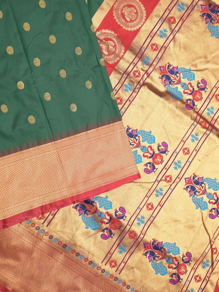 Banaras fancy saree bottle green color allover zari motifs & zari border with paithani pallu and contrast plain blouse