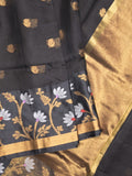 Pure silk kota fancy saree black color allover zari motifs & zari border with short zari pallu and attached plain blouse