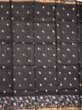 Pure silk kota fancy saree black color allover zari motifs & zari border with short zari pallu and attached plain blouse