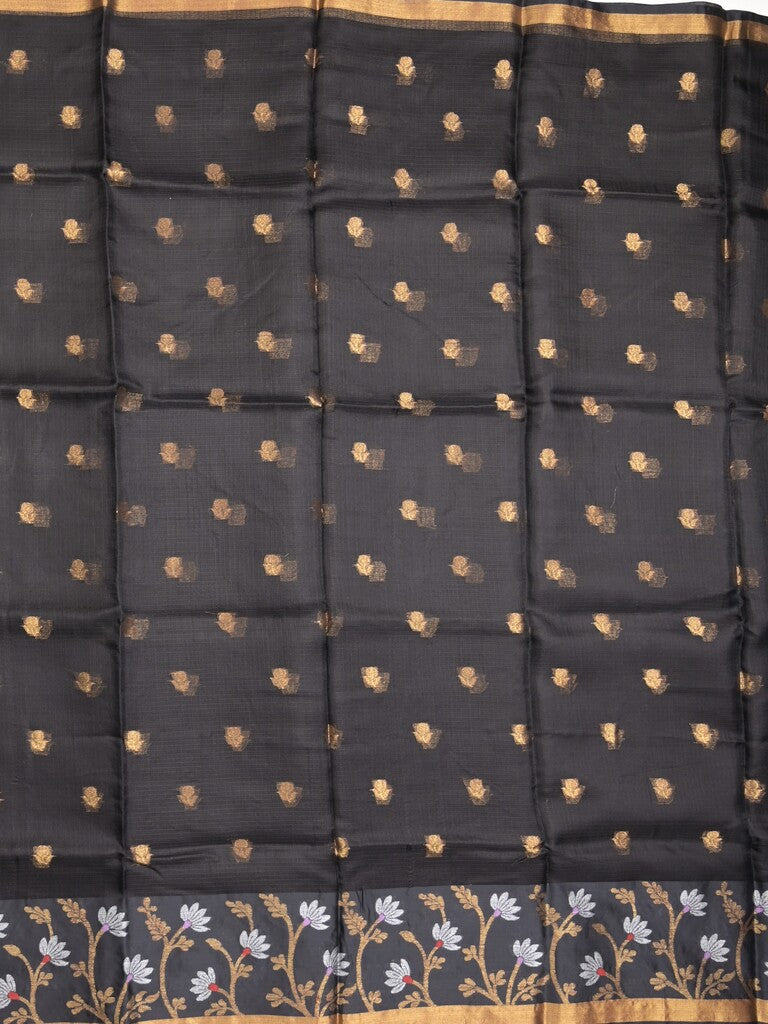 Pure silk kota fancy saree black color allover zari motifs & zari border with short zari pallu and attached plain blouse