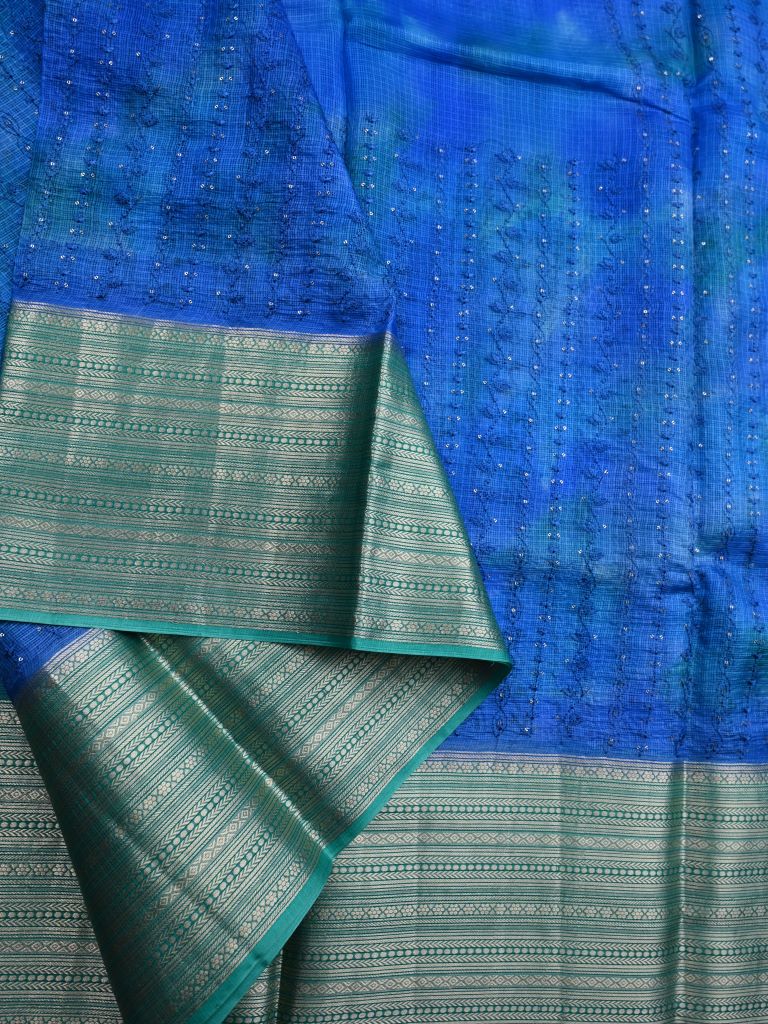 Pure silk kota fancy saree royal blue color allover embroidery design & zari border with short pallu and attached plain blouse