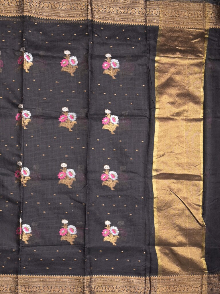 Pure silk kota fancy saree black color allover zari motifs & zari border with short zari pallu and attached plain blouse