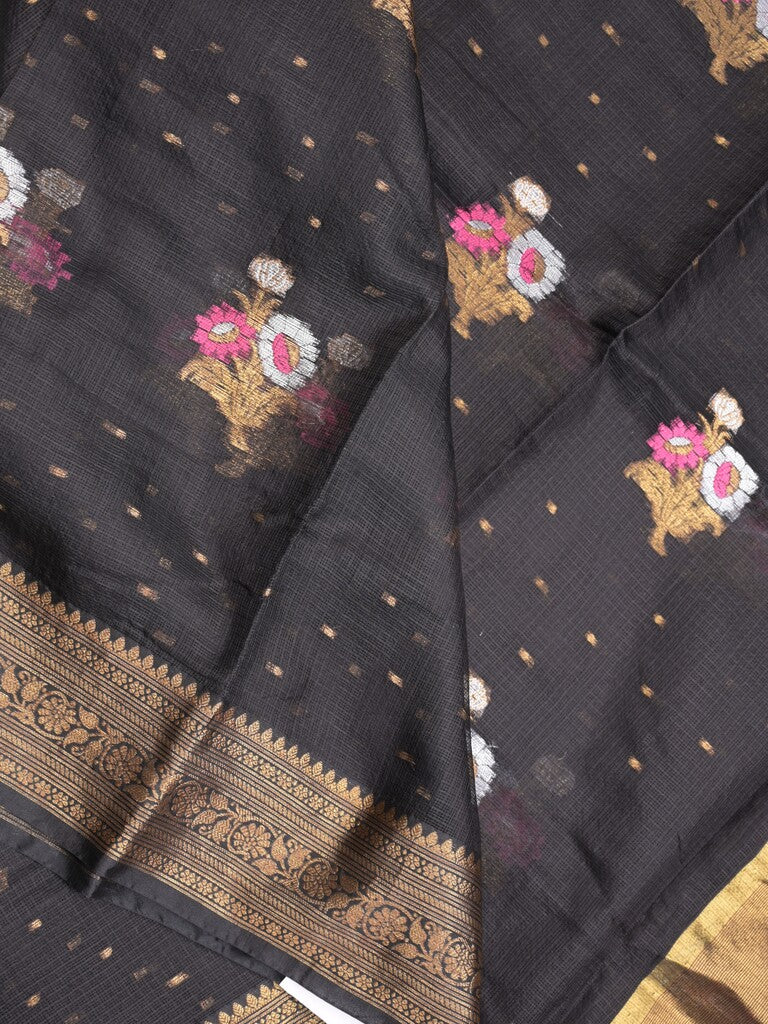 Pure silk kota fancy saree black color allover zari motifs & zari border with short zari pallu and attached plain blouse