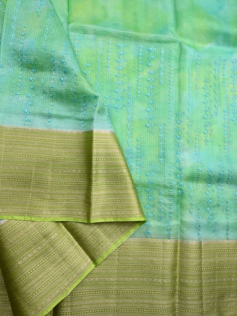 Pure silk kota fancy saree lux green color allover embroidery design & zari border with short pallu and attached plain blouse