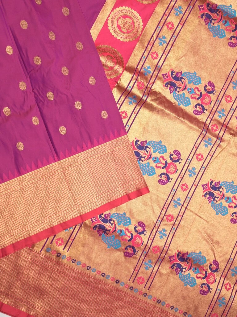 Banaras fancy saree purple color allover zari motifs & zari border with paithani pallu and contrast plain blouse