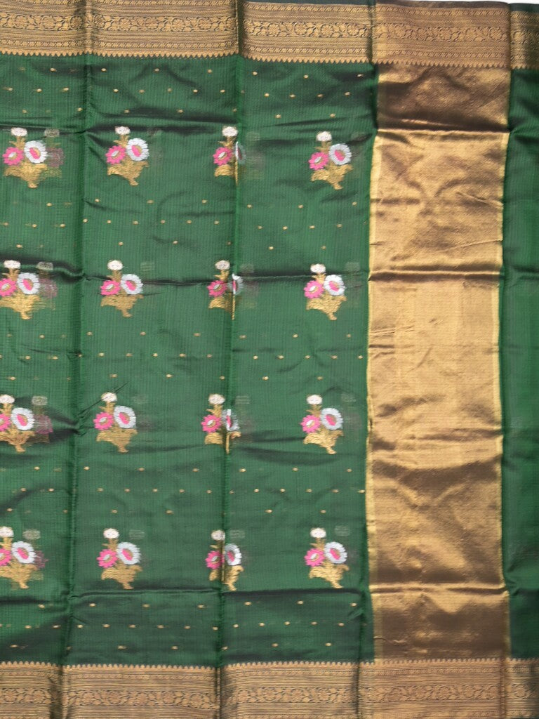 Pure silk kota fancy saree bottle green color allover zari motifs & zari border with short zari pallu and attached plain blouse