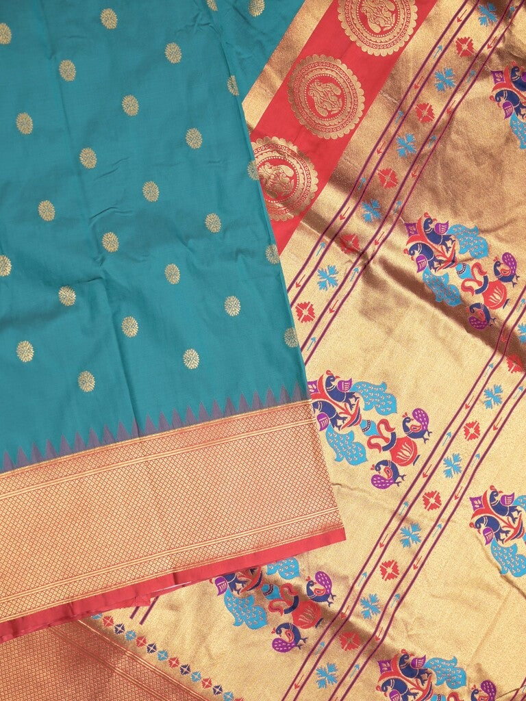 Banaras fancy saree peacock blue color allover zari motifs & zari border with paithani pallu and contrast plain blouse