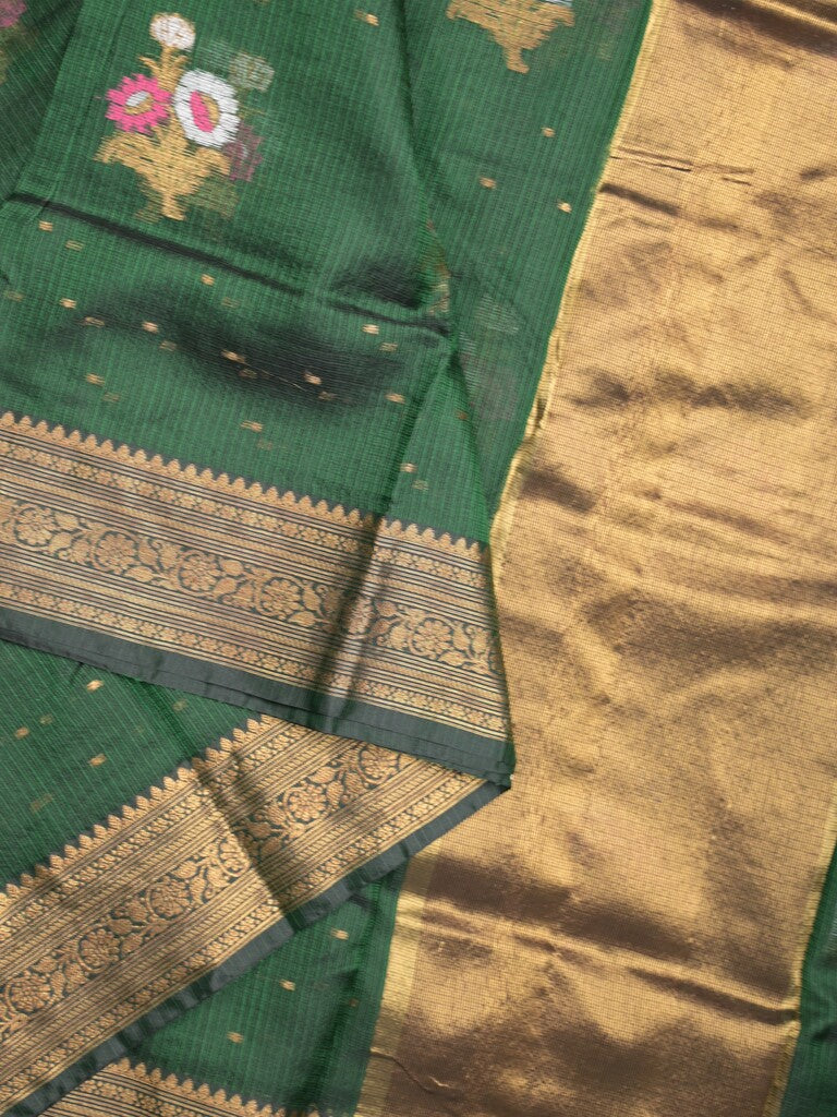 Pure silk kota fancy saree bottle green color allover zari motifs & zari border with short zari pallu and attached plain blouse