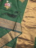 Pure silk kota fancy saree bottle green color allover zari motifs & zari border with short zari pallu and attached plain blouse