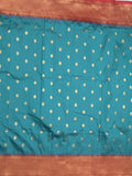 Banaras fancy saree peacock blue color allover zari motifs & zari border with paithani pallu and contrast plain blouse