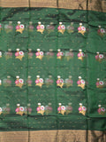 Pure silk kota fancy saree bottle green color allover zari motifs & zari border with short zari pallu and attached plain blouse