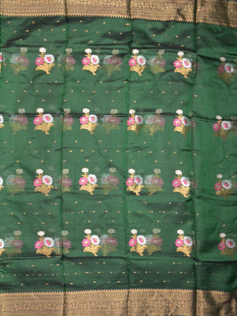 Pure silk kota fancy saree bottle green color allover zari motifs & zari border with short zari pallu and attached plain blouse