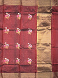 Pure silk kota fancy saree dark maroon color allover zari motifs & zari border with short zari pallu and attached plain blouse