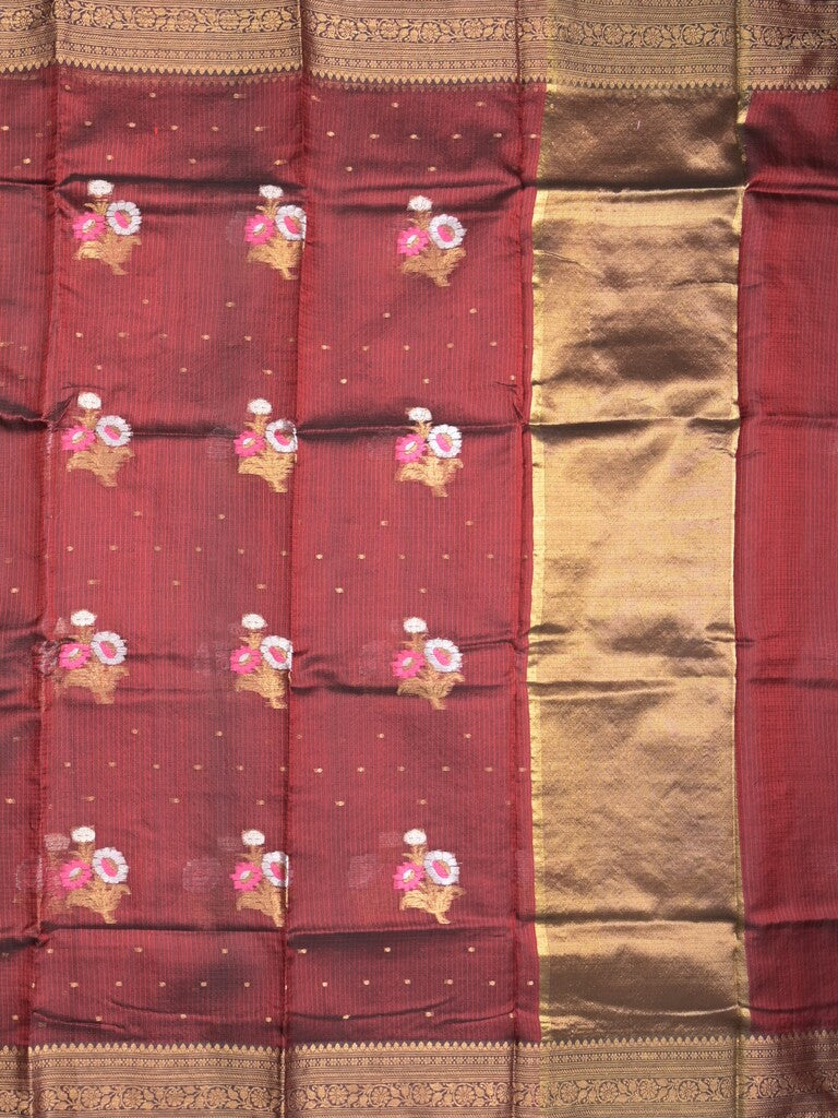 Pure silk kota fancy saree dark maroon color allover zari motifs & zari border with short zari pallu and attached plain blouse