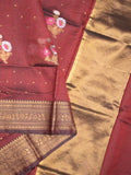 Pure silk kota fancy saree dark maroon color allover zari motifs & zari border with short zari pallu and attached plain blouse