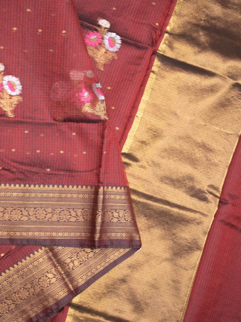 Pure silk kota fancy saree dark maroon color allover zari motifs & zari border with short zari pallu and attached plain blouse