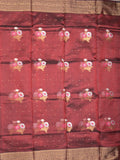 Pure silk kota fancy saree dark maroon color allover zari motifs & zari border with short zari pallu and attached plain blouse