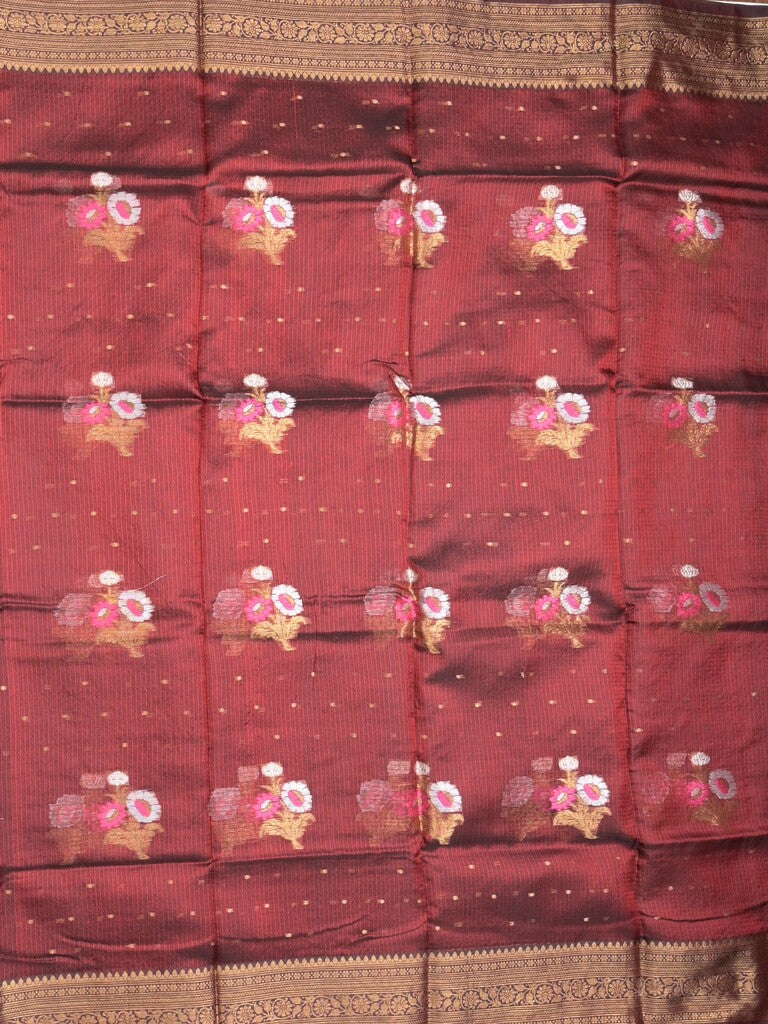 Pure silk kota fancy saree dark maroon color allover zari motifs & zari border with short zari pallu and attached plain blouse
