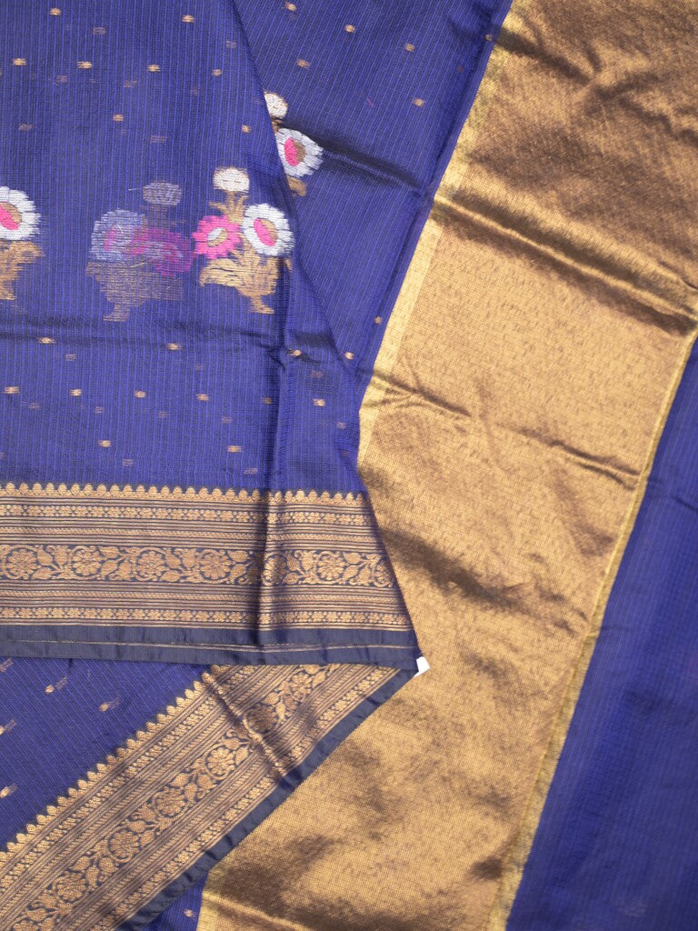 Pure silk kota fancy saree royal blue color allover zari motifs & zari border with short zari pallu and attached plain blouse