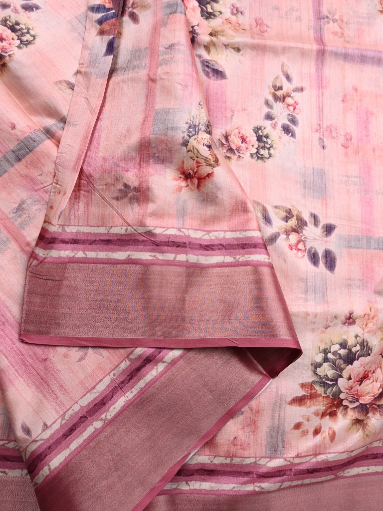 Tussar fancy saree baby pink color allover prints & jacquard border with printed pallu and printed blouse