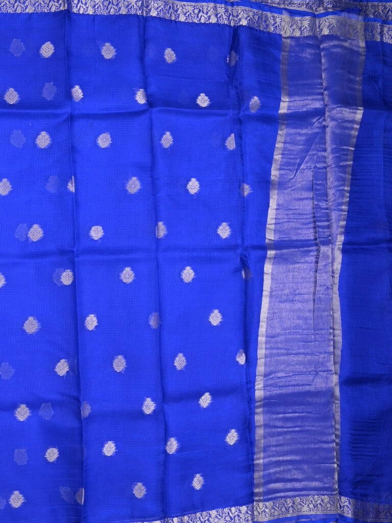 Pure silk kota fancy saree royal blue color allover zari motifs & zari border with short zari pallu and attached plain blouse