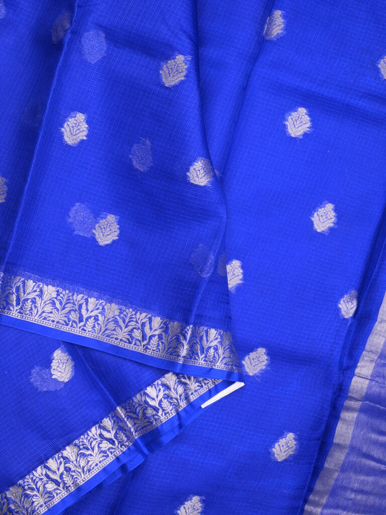 Pure silk kota fancy saree royal blue color allover zari motifs & zari border with short zari pallu and attached plain blouse