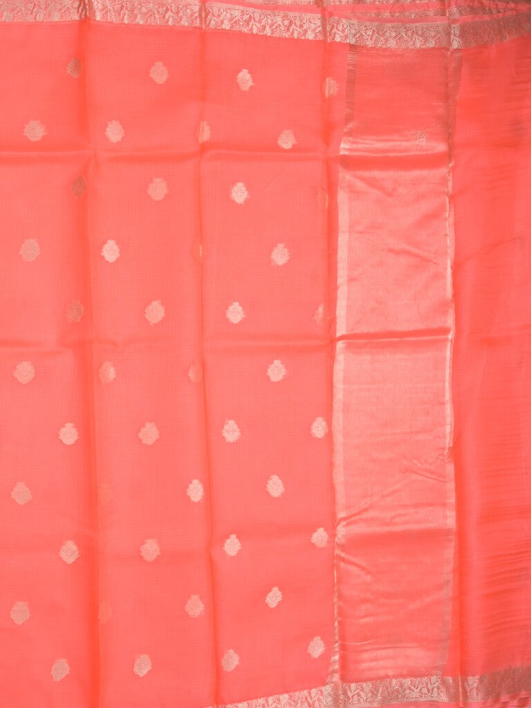 Pure silk kota fancy saree orange color allover zari motifs & zari border with short zari pallu and attached plain blouse