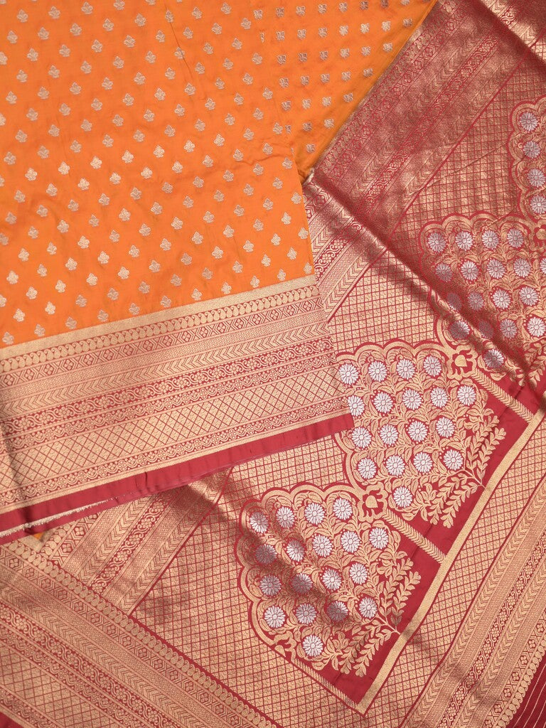 Banaras fancy saree golden yellow color allover zari motifs & zari border with rich pallu and contrast plain blouse