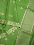 Pure silk kota fancy saree parrot green color allover zari motifs & zari border with short zari pallu and attached plain blouse