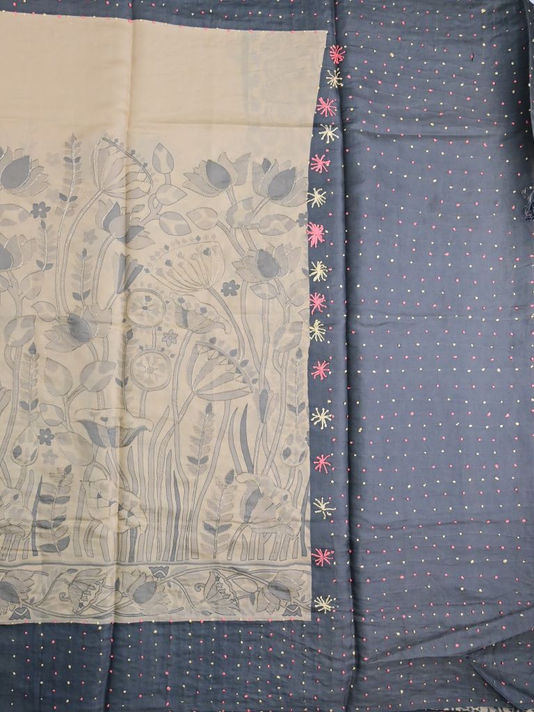 Tussar fancy saree cream color allover prints & small kaddi border with contrast plain pallu and printed blouse