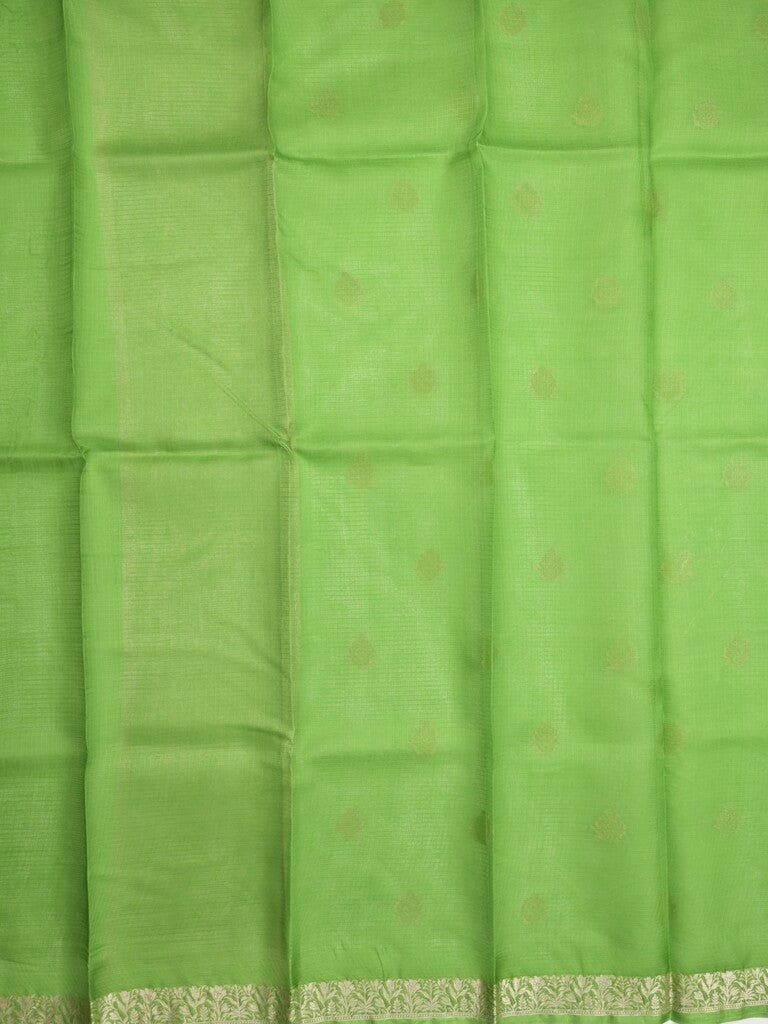 Pure silk kota fancy saree parrot green color allover zari motifs & zari border with short zari pallu and attached plain blouse