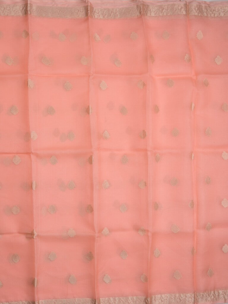 Pure silk kota fancy saree baby pink color allover zari motifs & zari border with short zari pallu and attached plain blouse