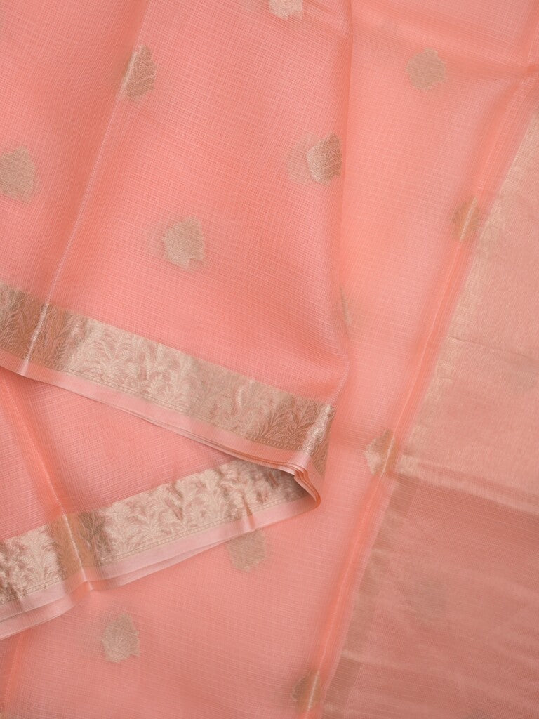 Pure silk kota fancy saree baby pink color allover zari motifs & zari border with short zari pallu and attached plain blouse