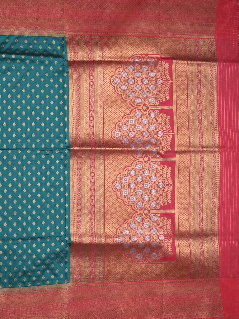 Banaras fancy saree peacock blue color allover zari motifs & zari border with rich pallu and contrast plain blouse