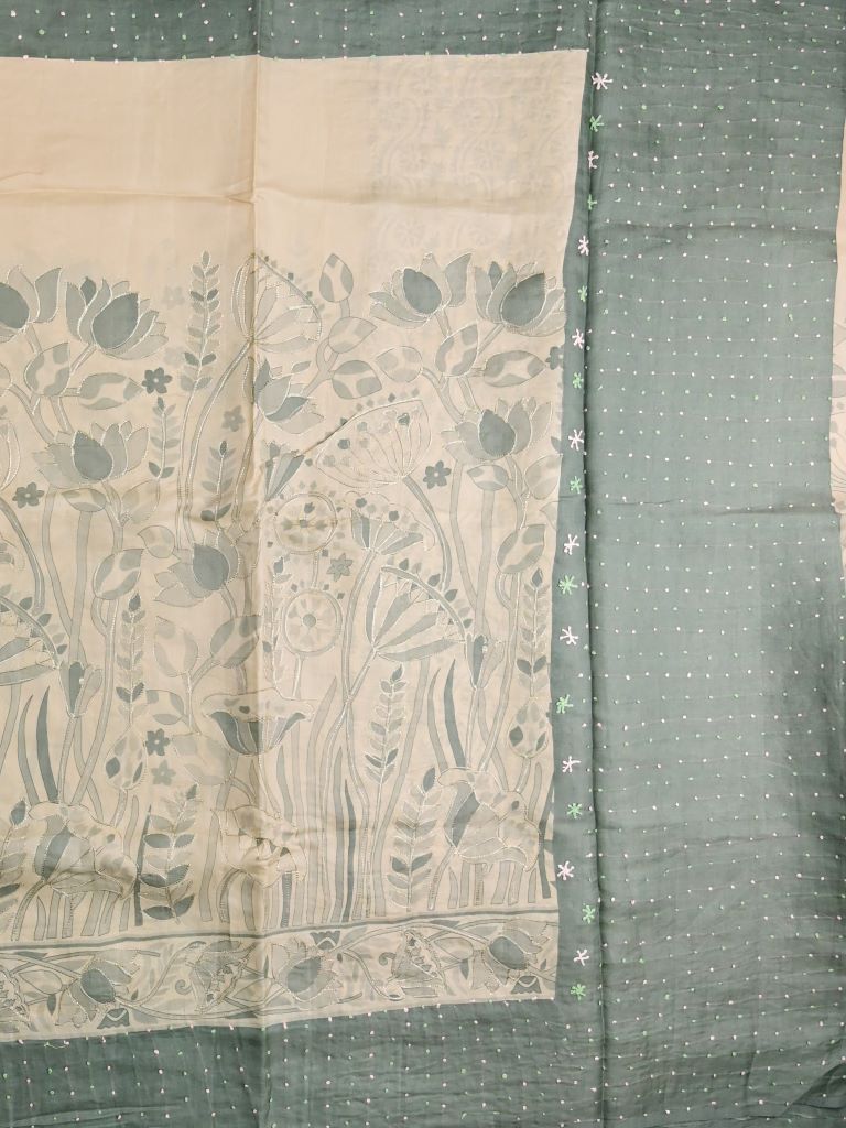 Tussar fancy saree cream color allover prints & small kaddi border with contrast plain pallu and printed blouse